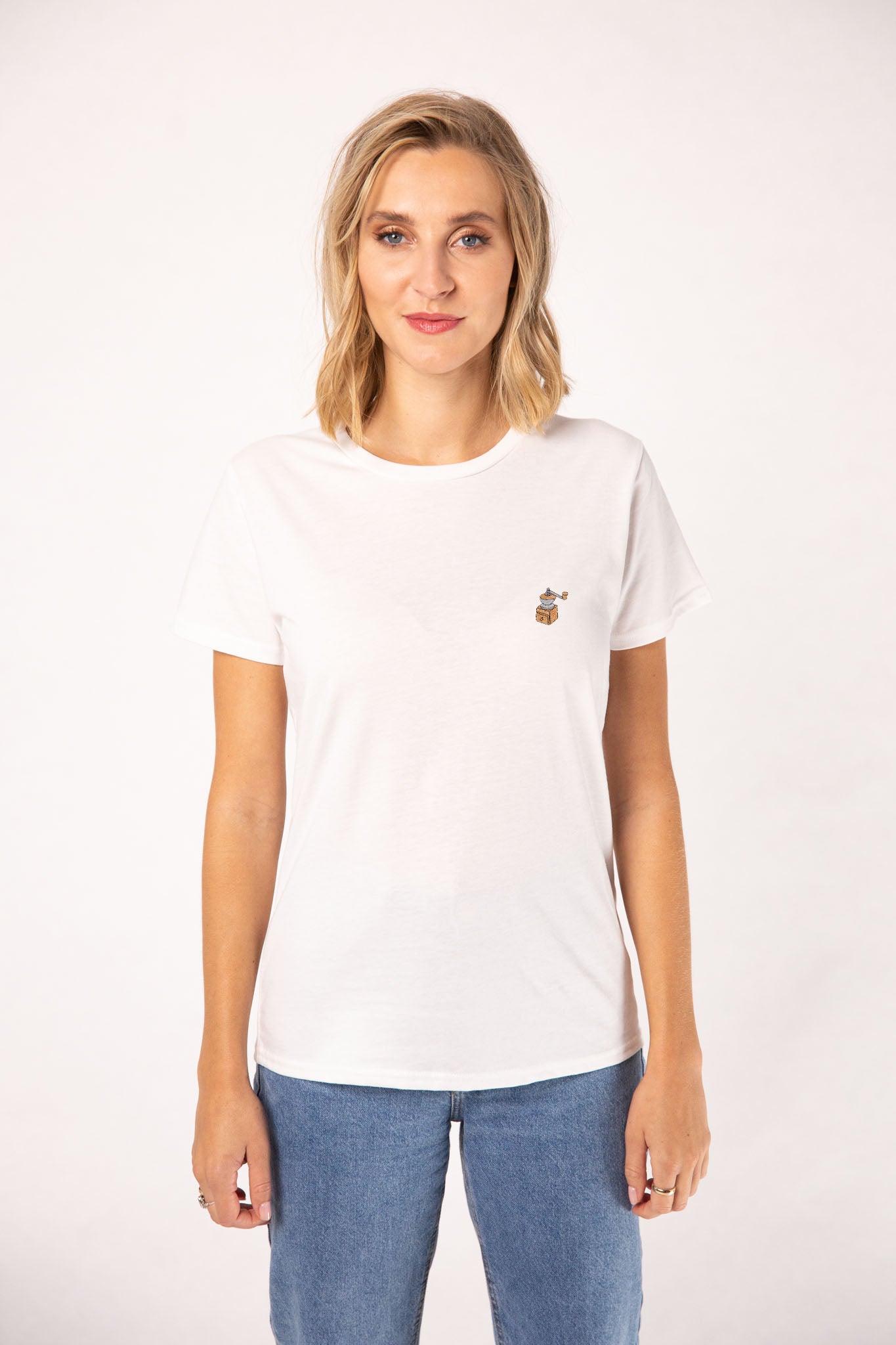 Kaffeemühle | Besticktes Bio Baumwoll Damen T-Shirt